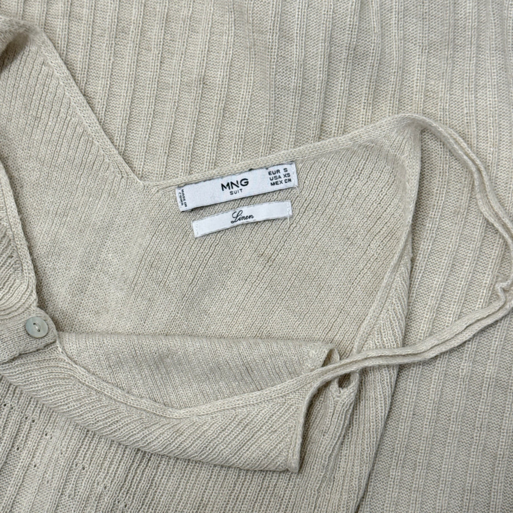 Mango Linen Blend Ribbed Knit Maxi Dress Beige Sleeveless Button Front XS