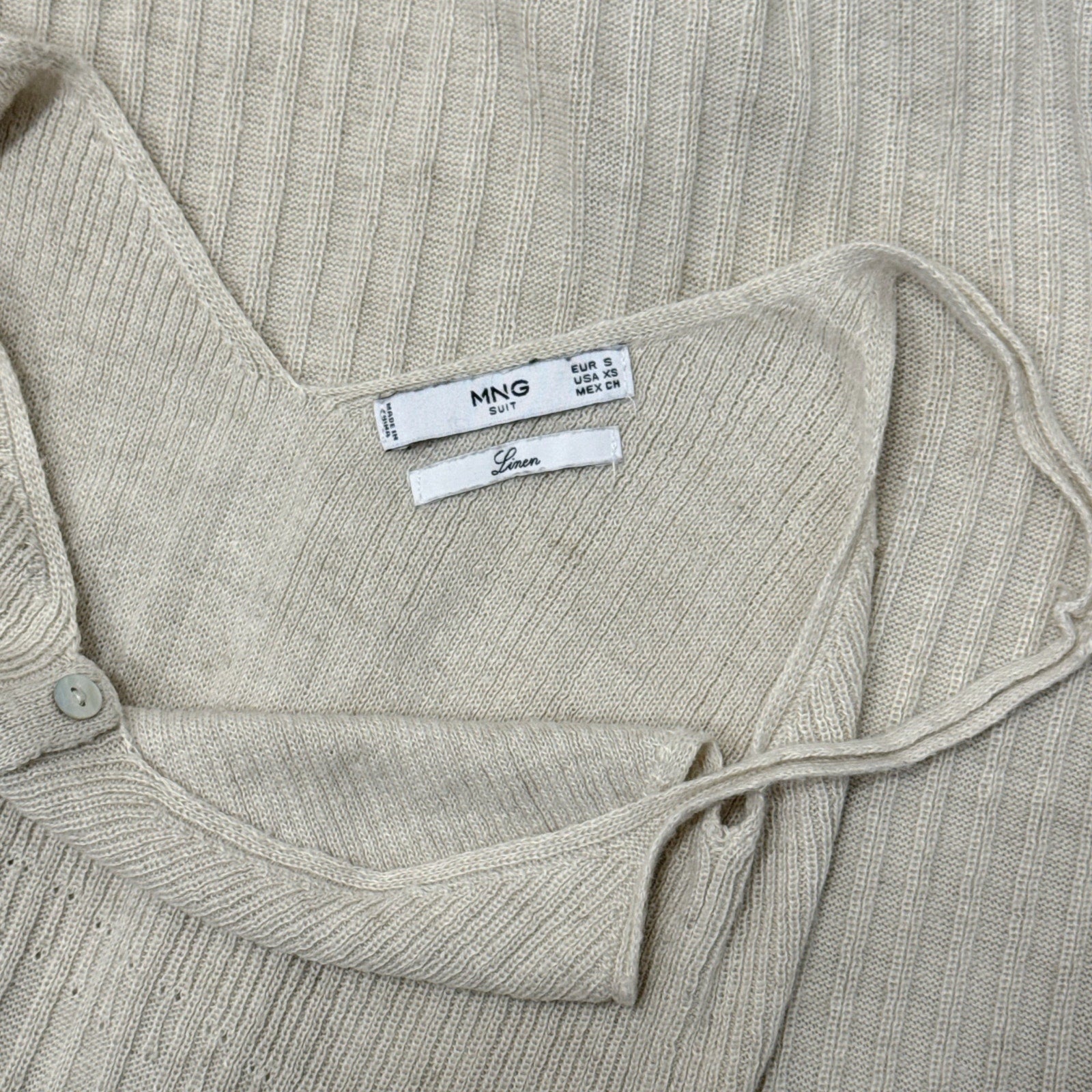 Mango Linen Blend Ribbed Knit Maxi Dress Beige Sleeveless Button Front XS