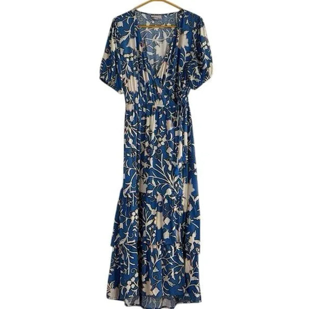 Blue Floral Print Wrap Maxi Dress KNOX ROSE