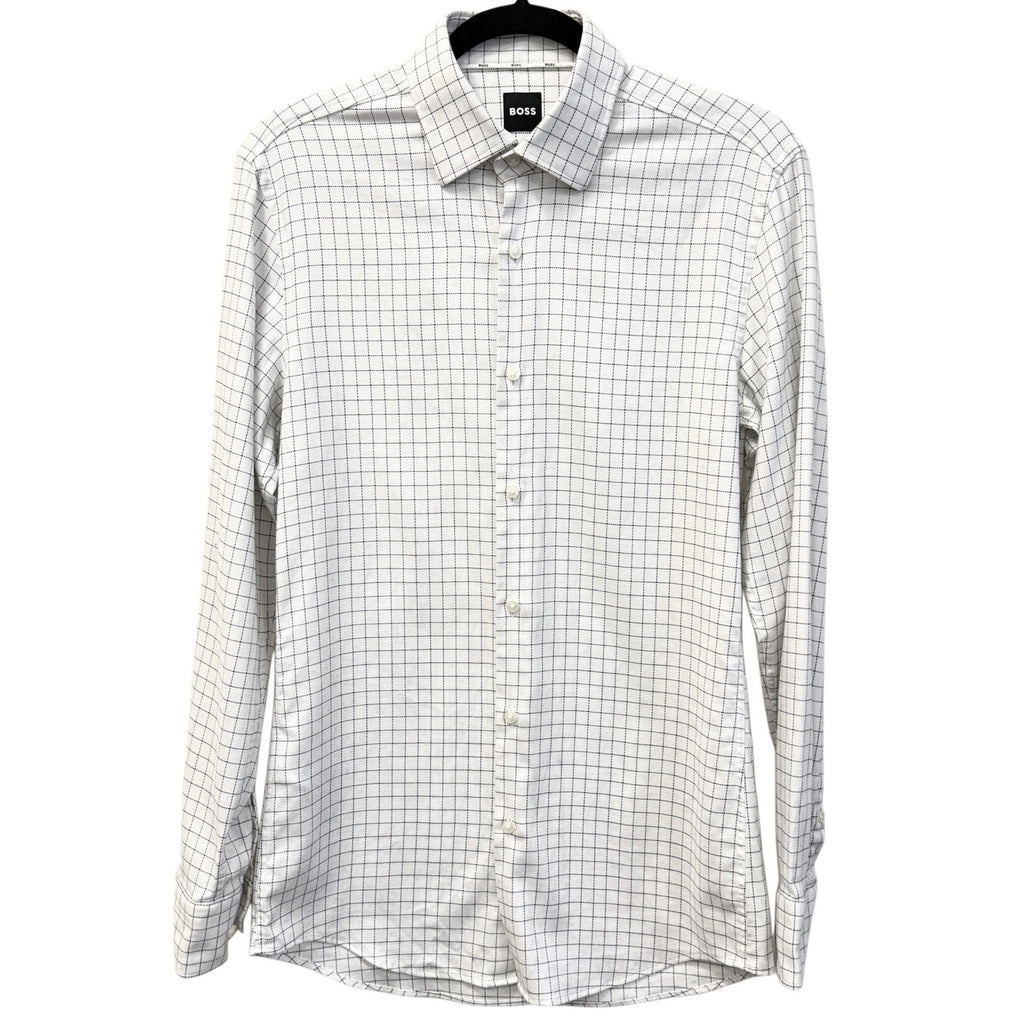 BOSS Hugo Boss Men’s Dress Shirt White Black Grid Check Slim Fit Size 38 S