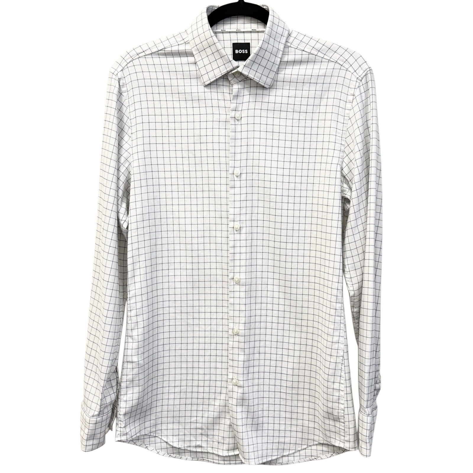 BOSS Hugo Boss Men’s Dress Shirt White Black Grid Check Slim Fit Size 38 S