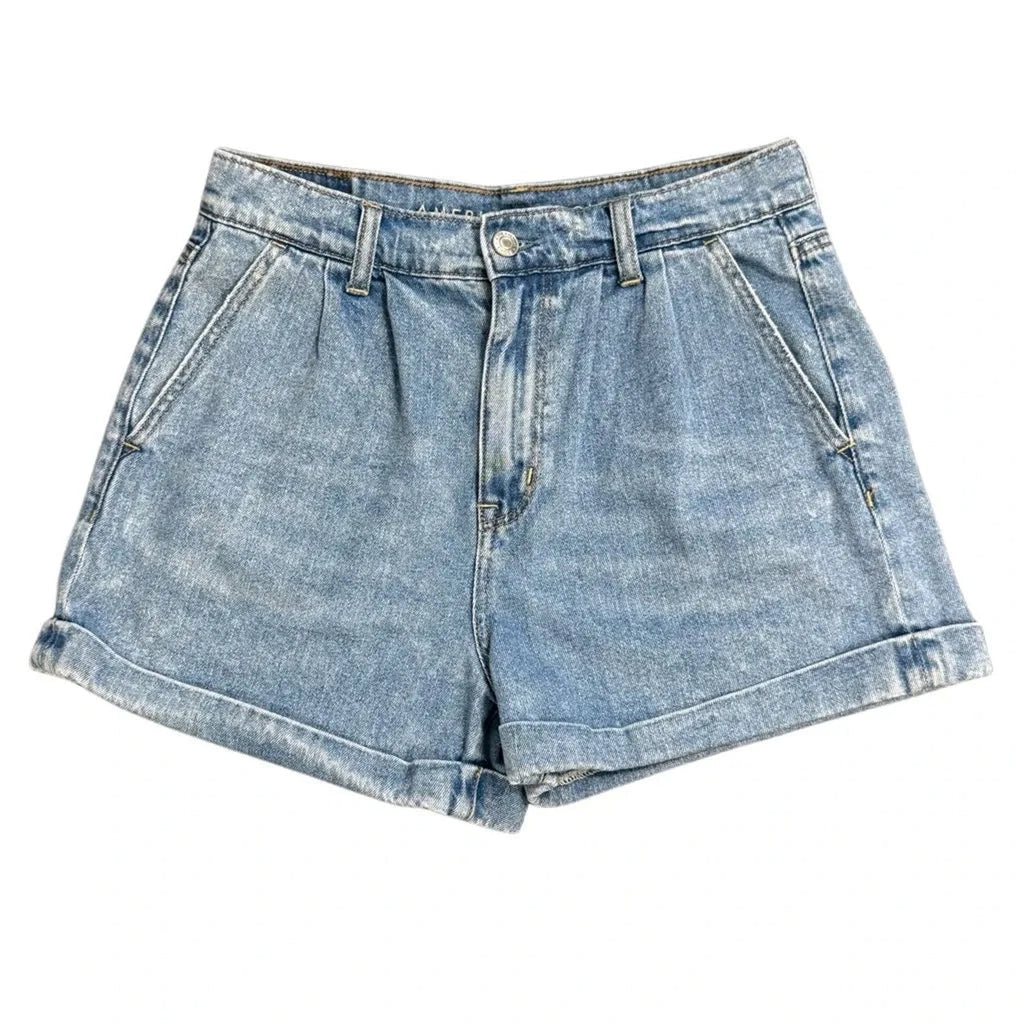 American Eagle Pleated Denim Mom Shorts Light Blue