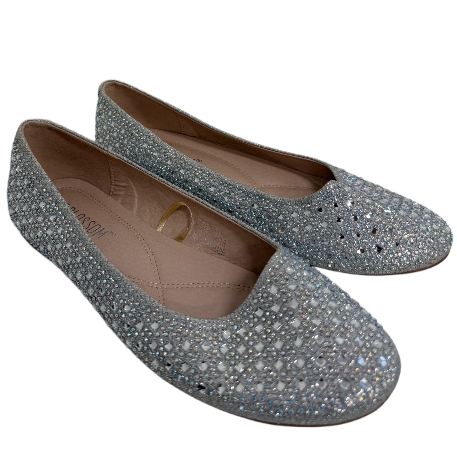 De Blossom Collection Silver Rhinestone Ballet Flats Women Size 7.5 Sparkly Slip-On