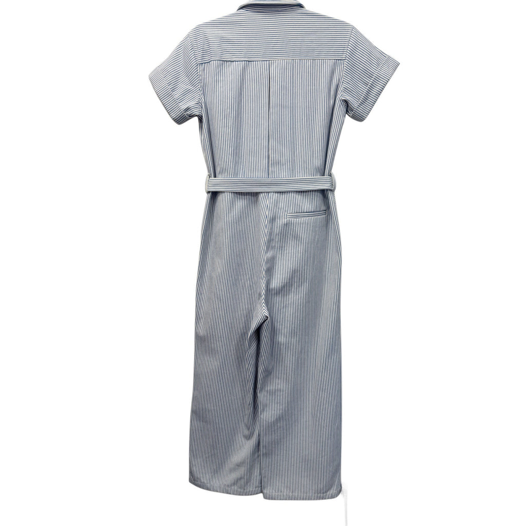 French Paris Striped Wide Leg Jumpsuit Belted Blue White Size S