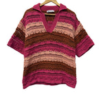 Zara Striped Open-Knit Polo Sweater Pink Brown