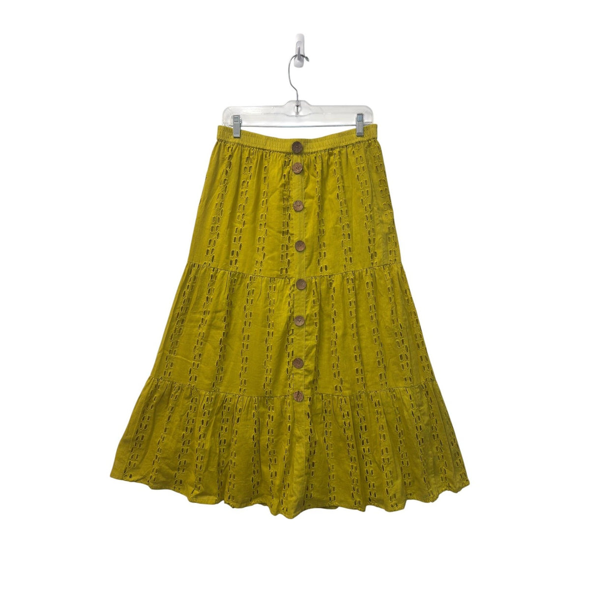 Mustard Yellow Eyelet Tiered Midi Skirt Boho