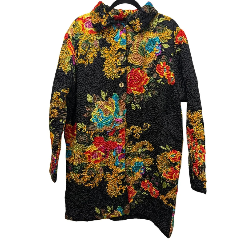 Quilted Floral Brocade Long Jacket Black Multicolor - front