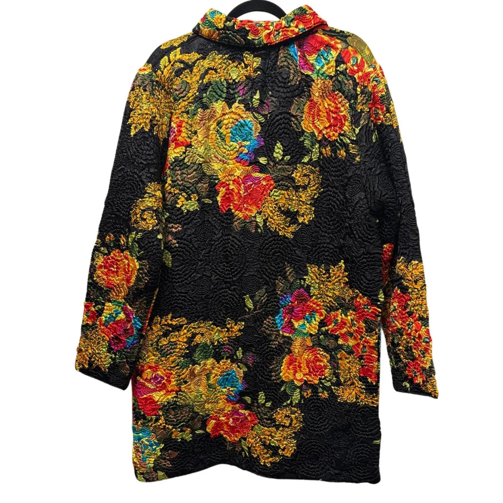 Quilted Floral Brocade Long Jacket Black Multicolor - back