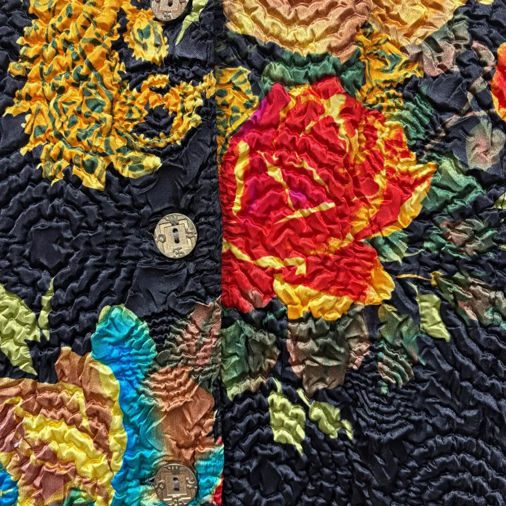 Quilted Floral Brocade Long Jacket Black Multicolor - fabric