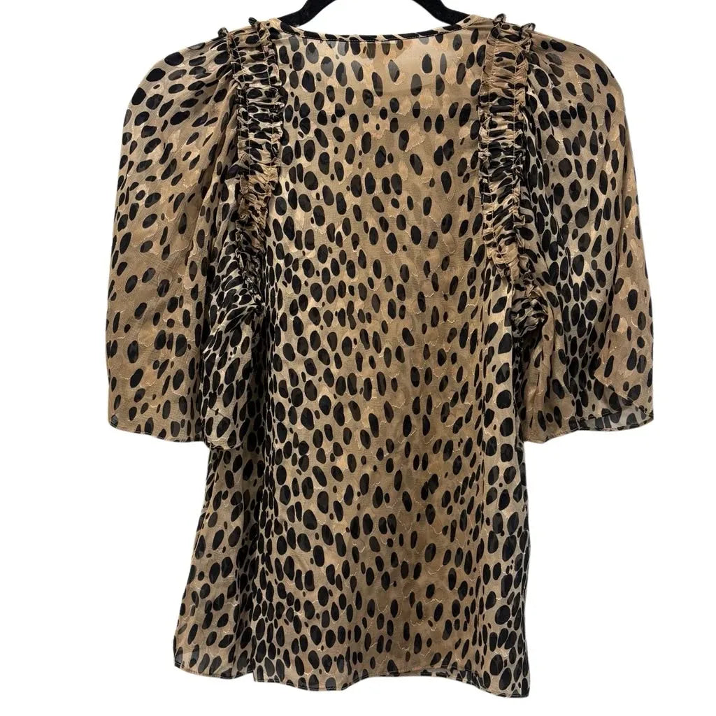 Rebecca Taylor Animal Print Ruffle Blouse Beige Black - back