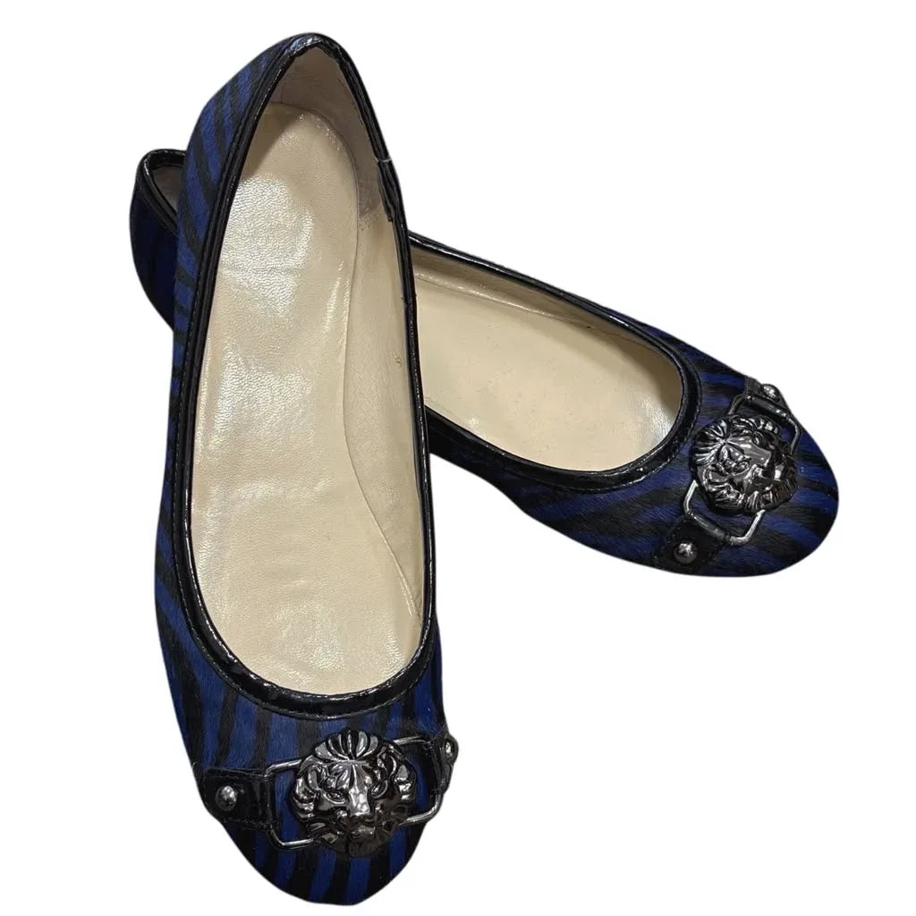 Anne Klein Calf Hair Zebra Ballet Flats with Lion Head Hardware - front