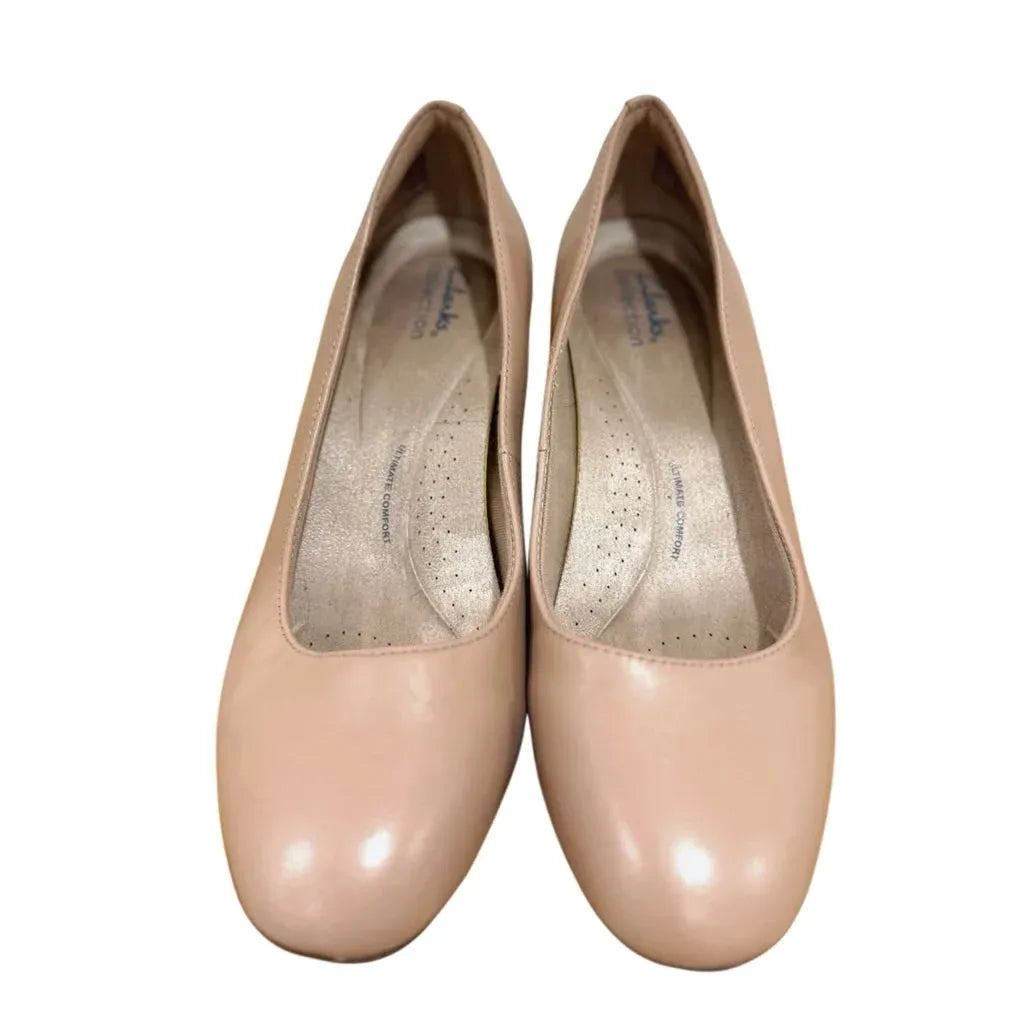 Clarks Nude Leather Wedge Pumps - front