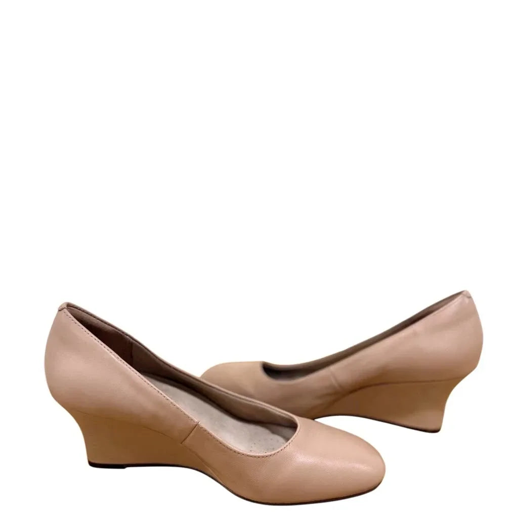 Clarks Nude Leather Wedge Pumps - front