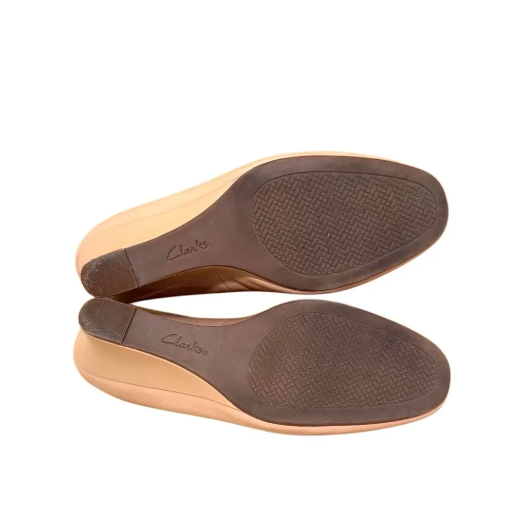 Clarks Nude Leather Wedge Pumps - back