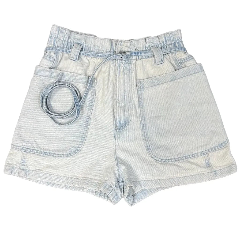 Zara Light Wash Denim Paper Bag Shorts with Belt - front