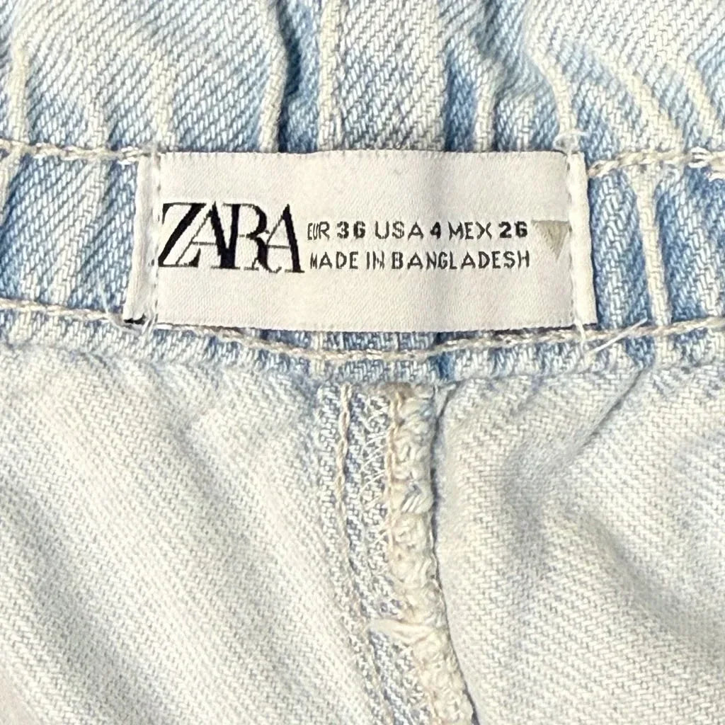 Zara Light Wash Denim Paper Bag Shorts with Belt - label