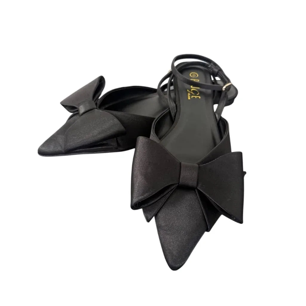 Rouge Helium Black Satin Bow Pointed-Toe Flats - front