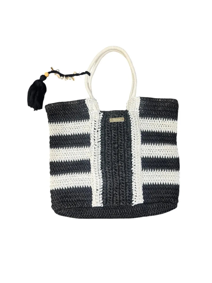 Escape Striped Woven Straw Tote Bag Black White