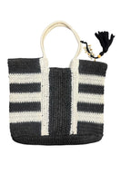 Escape Striped Woven Straw Tote Bag Black White