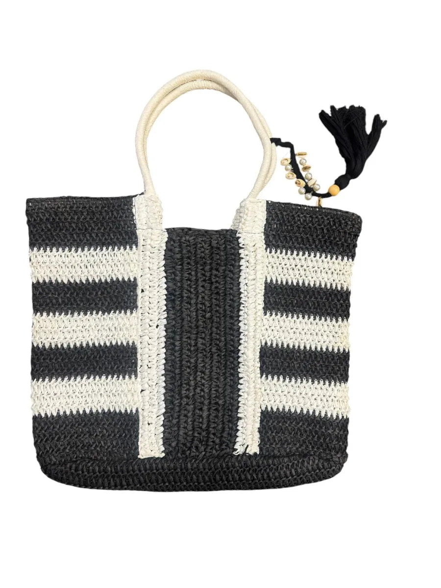 Escape Striped Woven Straw Tote Bag Black White