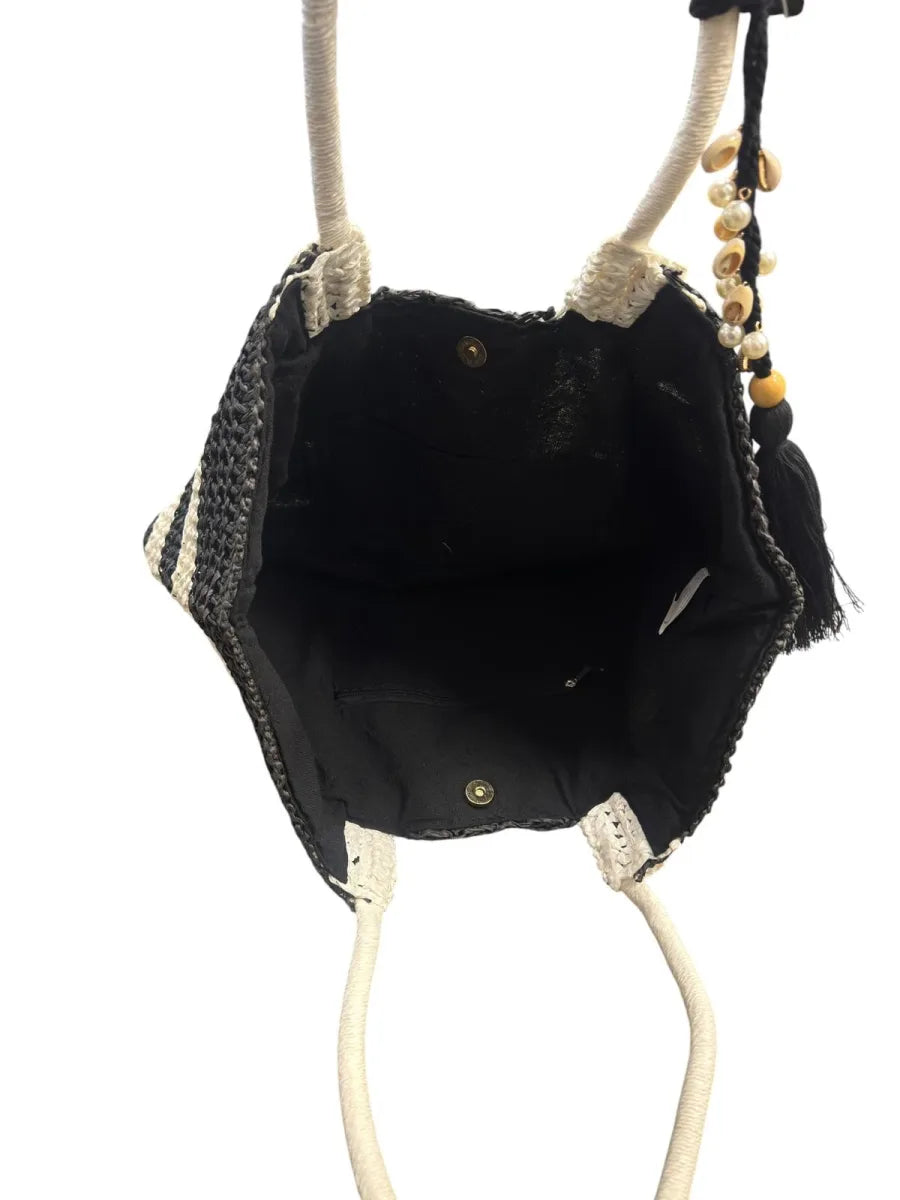 Escape Striped Woven Straw Tote Bag Black White