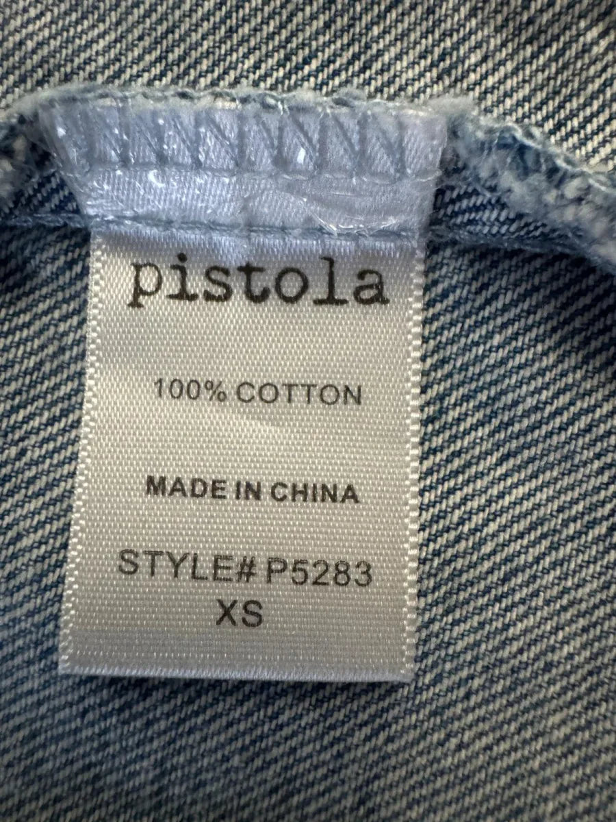 Pistola Fringe Denim Crop Top Light Blue - label