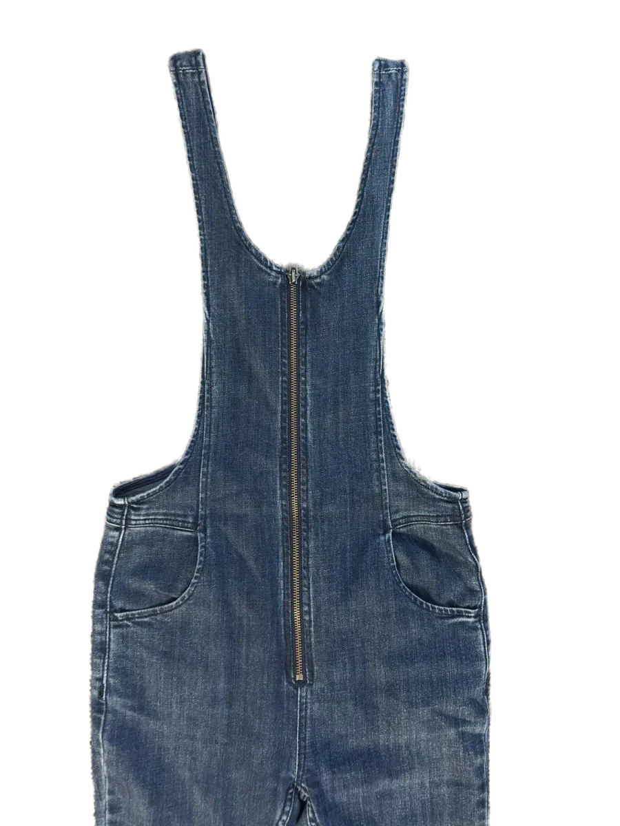 Free People Blue Denim Skinny Overalls Jumpsuit - detail
