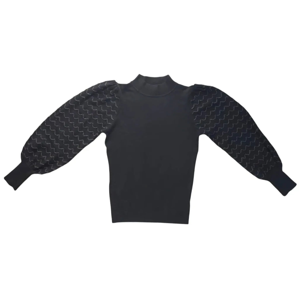 Vita Milano Black Mock-Neck Puff Sleeve Sweater - front