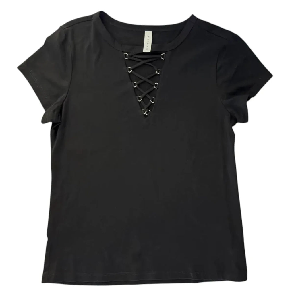 Blue Blush Black Lace-Up V-Neck T-Shirt - front