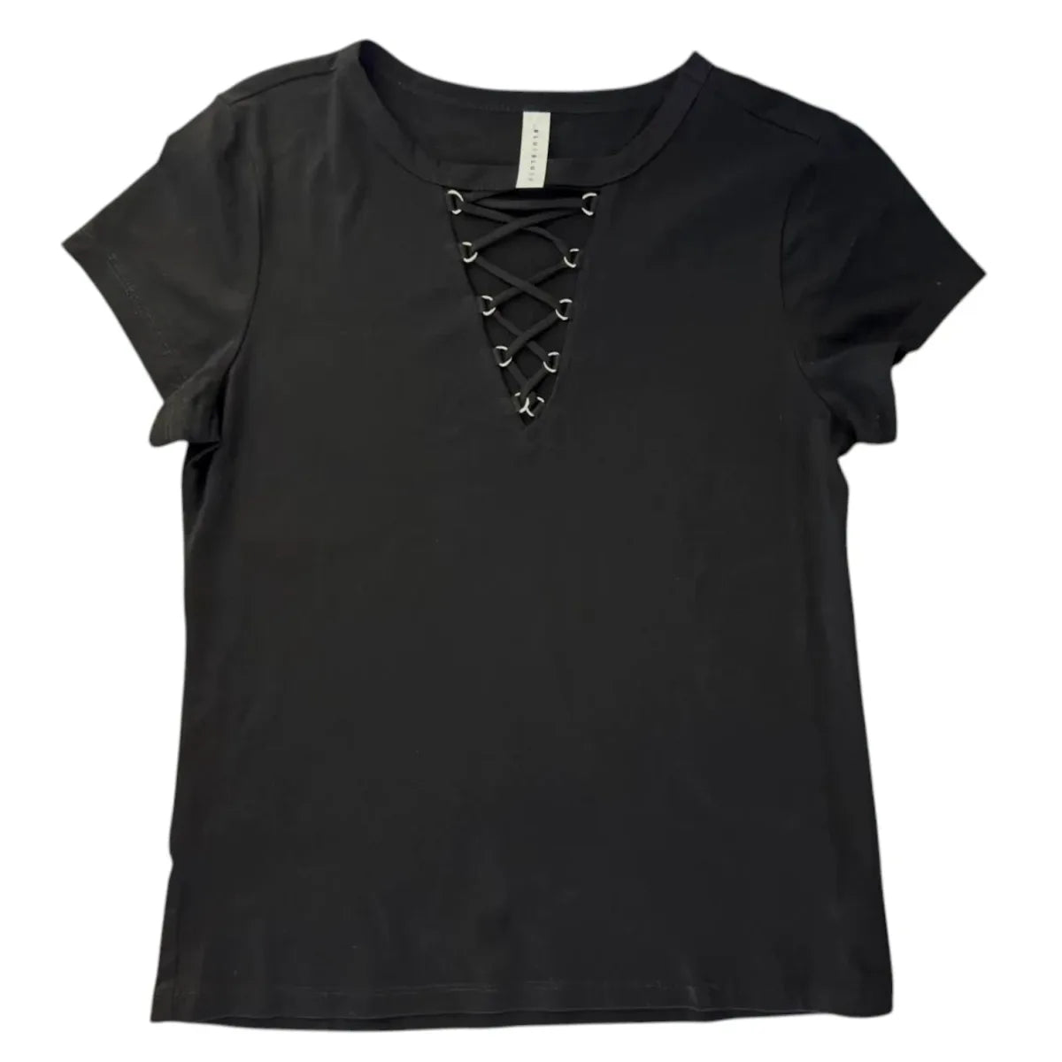Blue Blush Black Lace-Up V-Neck T-Shirt - front