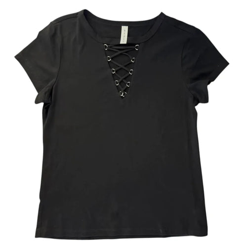 Blue Blush Black Lace-Up V-Neck T-Shirt - front