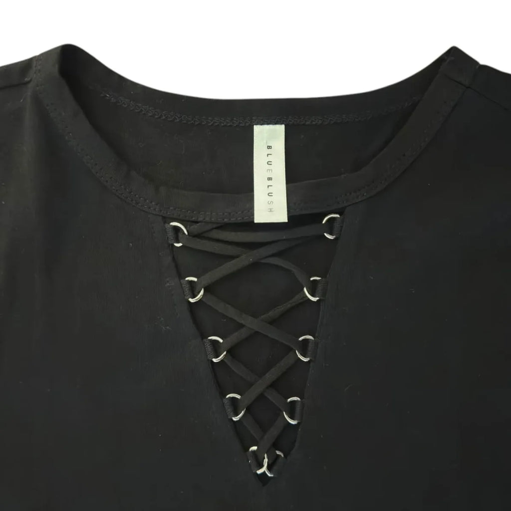 Blue Blush Black Lace-Up V-Neck T-Shirt - detail