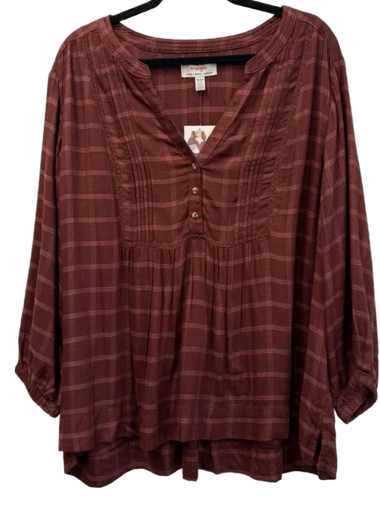 Wrangler Burgundy Plaid Peasant Blouse XXL - front
