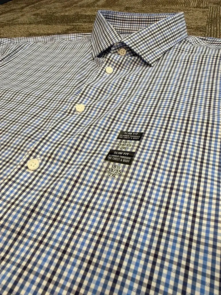 Michael Kors Blue Gingham Slim Fit Travel Stretch Dress Shirt - front