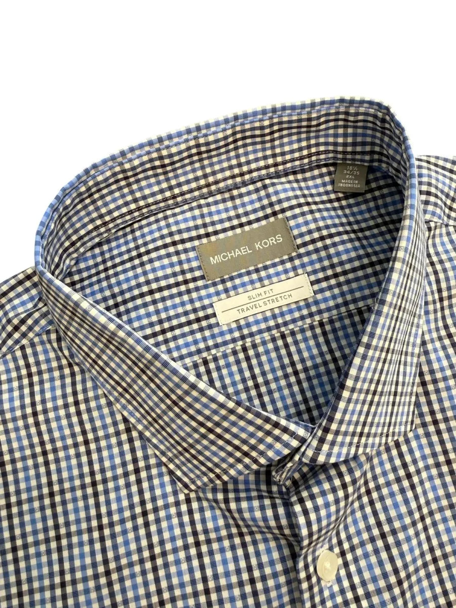 Michael Kors Blue Gingham Slim Fit Travel Stretch Dress Shirt