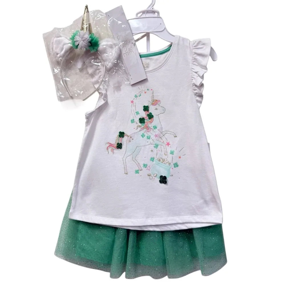 Maggie & Zoe Unicorn Graphic Top Tutu Skirt Set with Headband - front