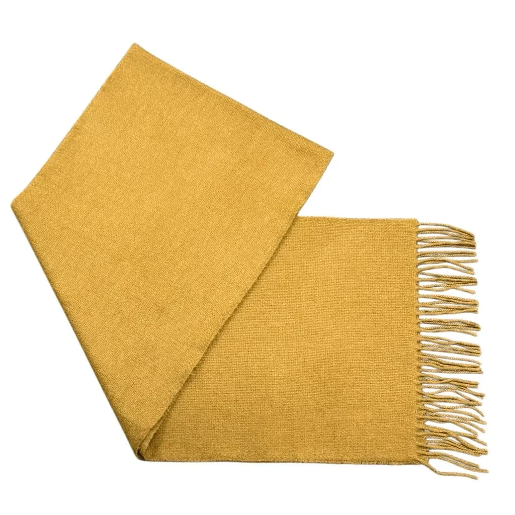 Baby Alpaca Solid Fringe Scarf Mustard Yellow - front