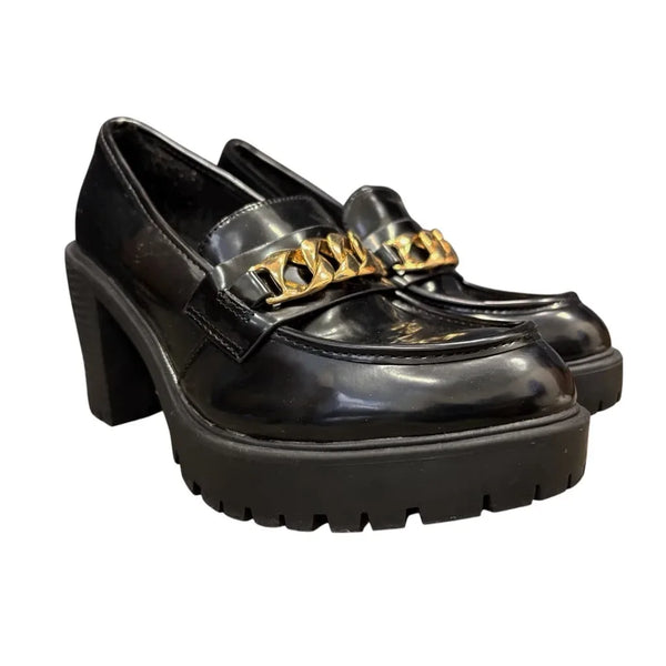 Steve Madden Black Patent Platform Loafer Gold Chain - front