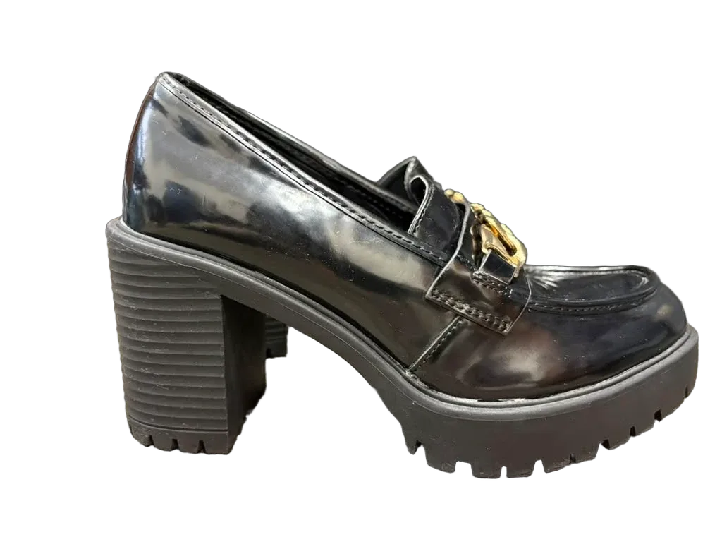 Steve Madden Black Patent Platform Loafer Gold Chain - front