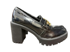 Steve Madden Black Patent Platform Loafer Gold Chain - front
