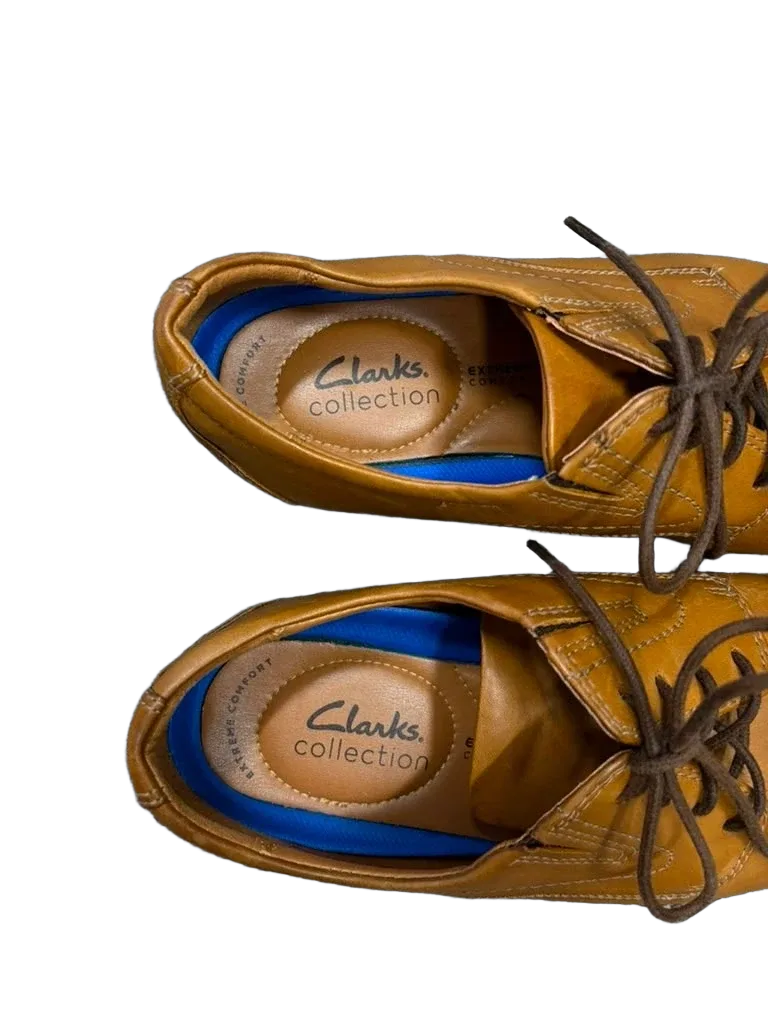 Clarks Tan Leather Plain Toe Derby Oxford - label