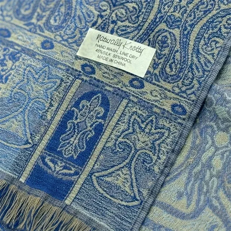 Naturally Knotty Paisley Silk Wool Blend Fringe Scarf - label