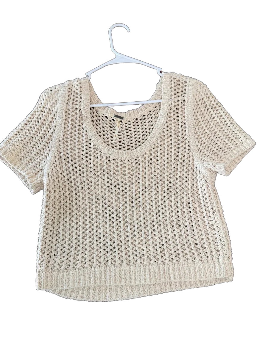 Free People Open Knit Short Sleeve Crop Sweater Top - front
