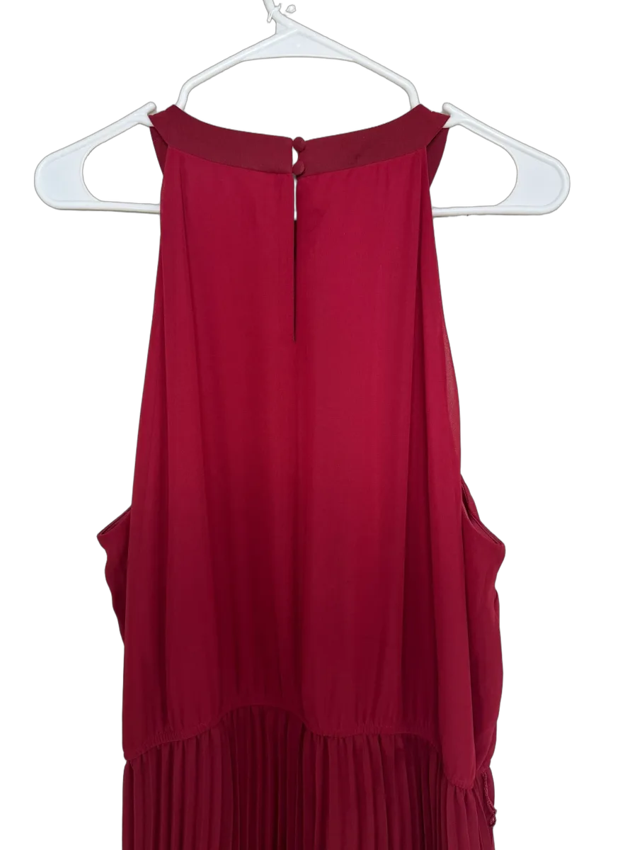 Sandra Darren Burgundy Red Pleated Halter Midi Dress - back