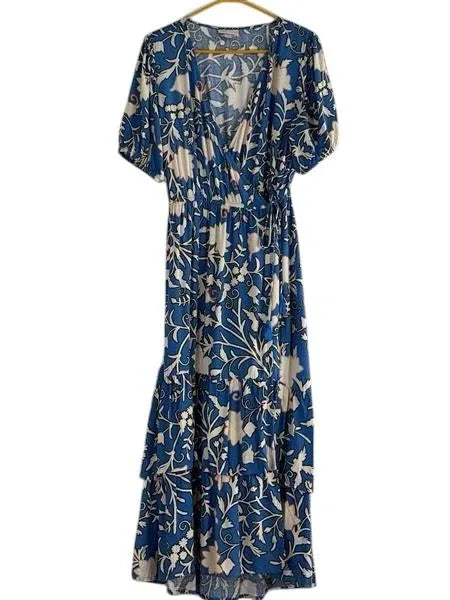 Blue Floral Print Wrap Maxi Dress Puff Sleeves