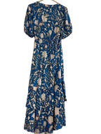 Blue Floral Print Wrap Maxi Dress Puff Sleeves - back