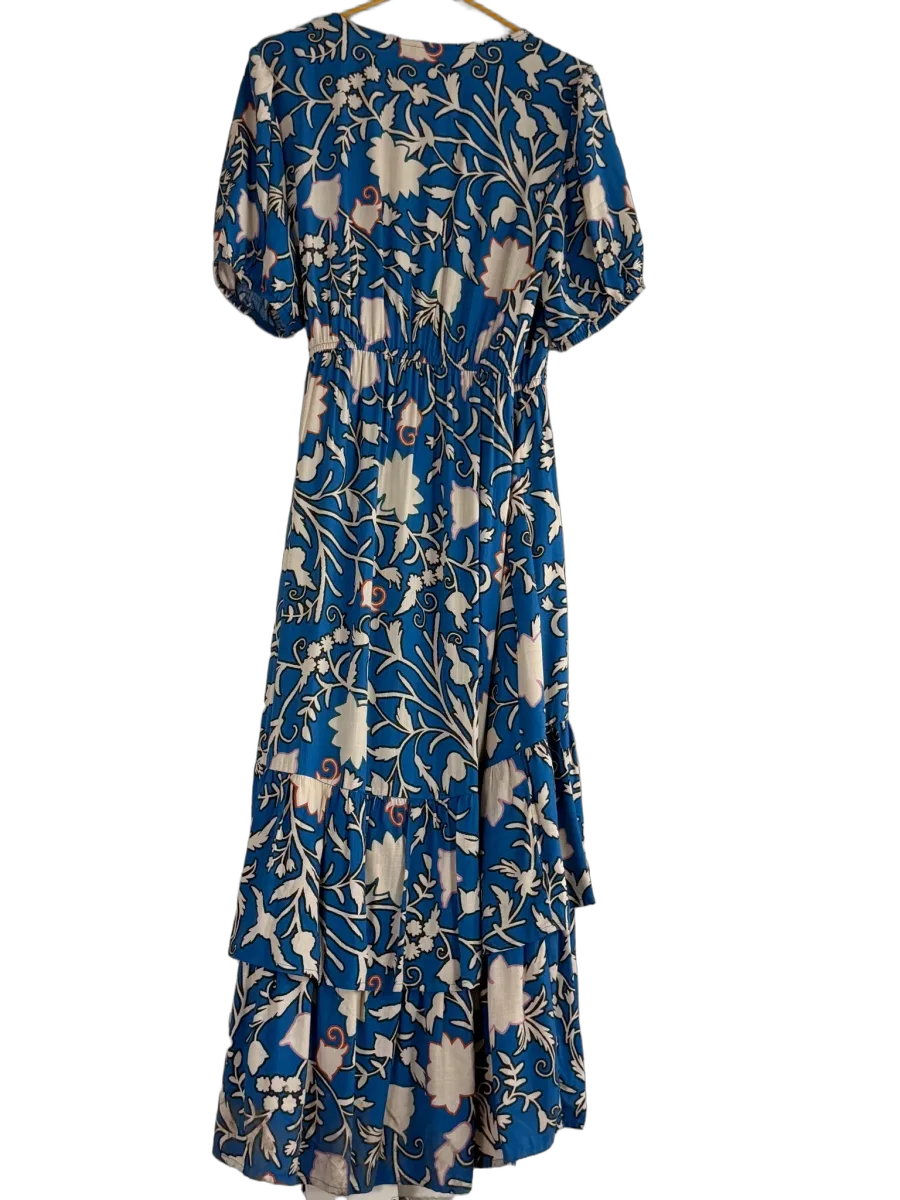 Blue Floral Print Wrap Maxi Dress Puff Sleeves - back
