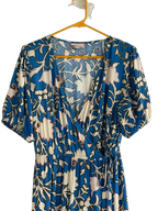 Blue Floral Print Wrap Maxi Dress Puff Sleeves - front