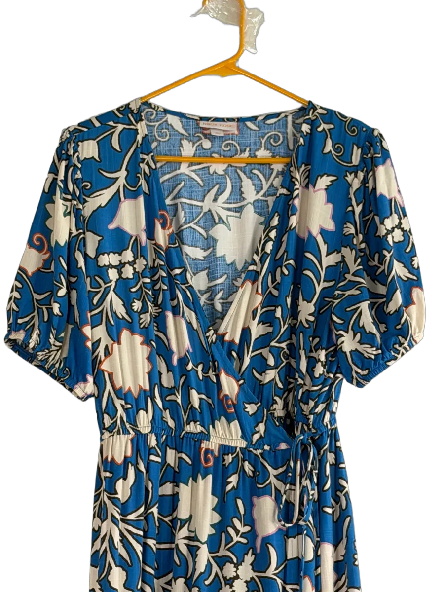 Blue Floral Print Wrap Maxi Dress Puff Sleeves - front