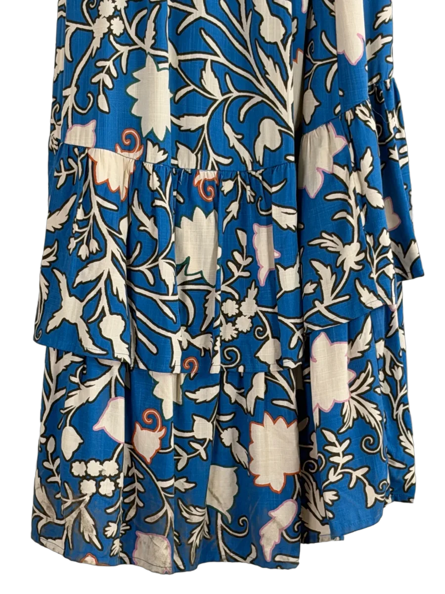 Blue Floral Print Wrap Maxi Dress Puff Sleeves - detail